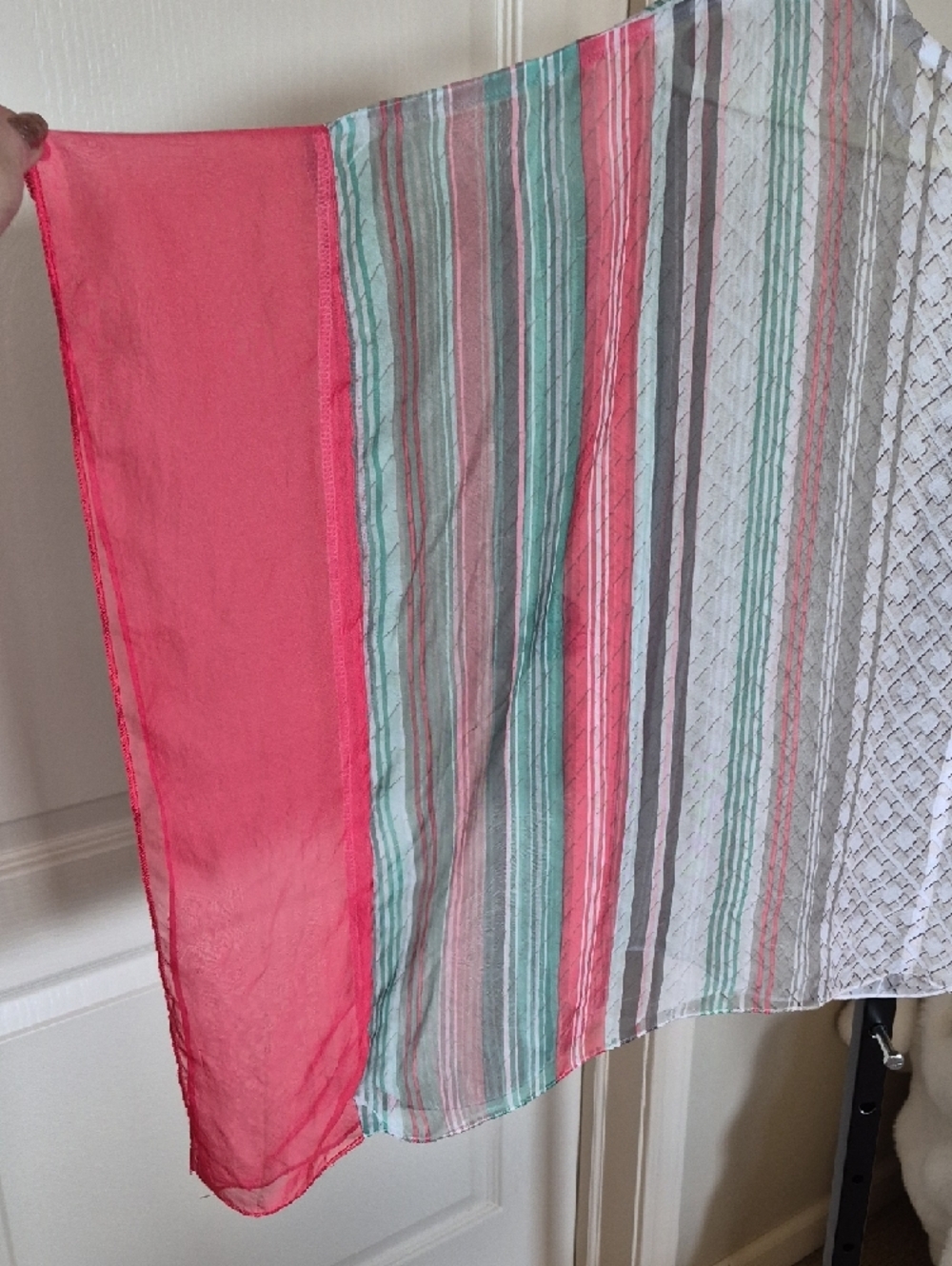 Women's Sheer Striped Draped Blouse in Cream and Coral Scarf Style M - Picture 3 of 10